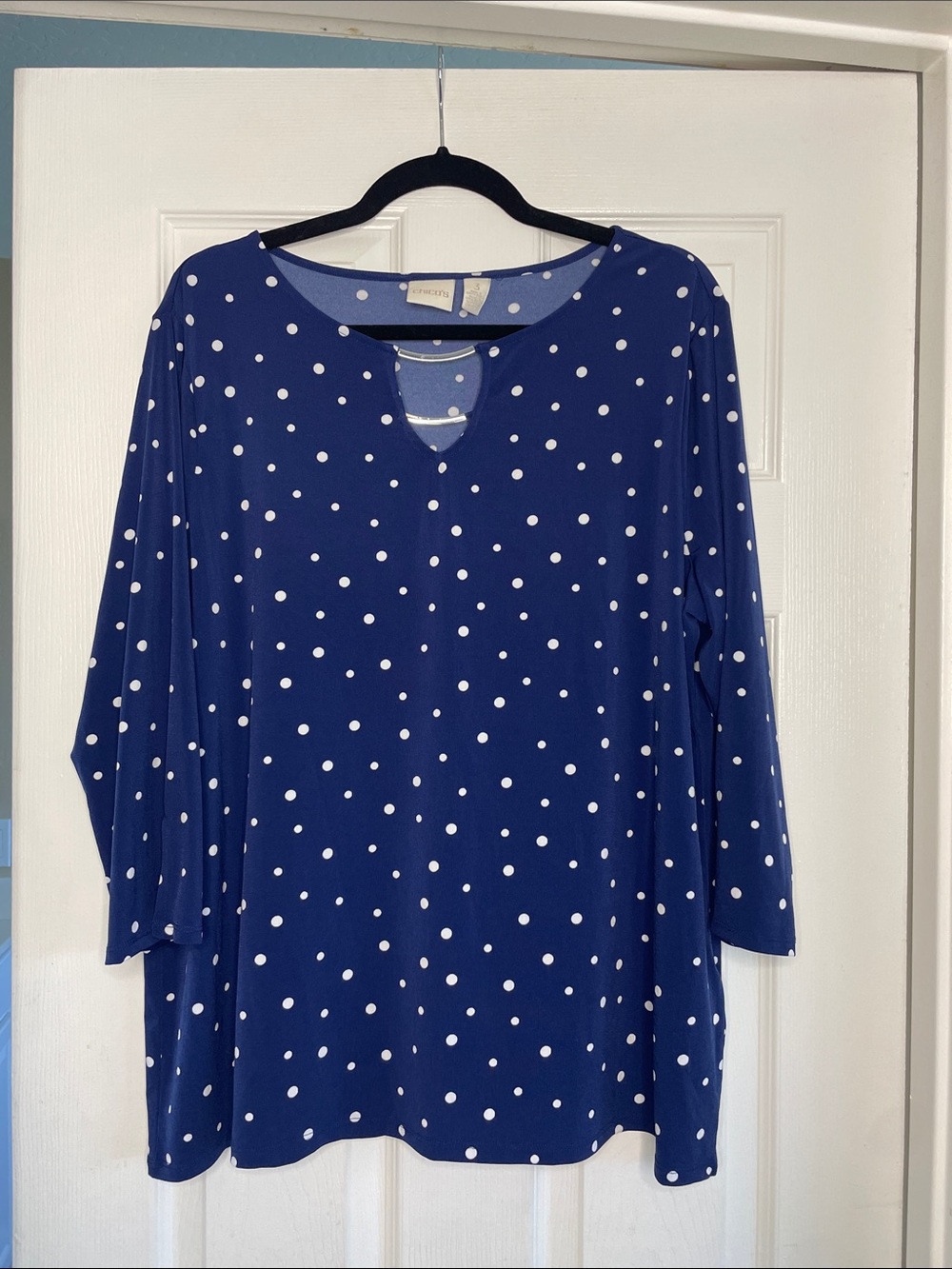Chico’s  Navy and White Polka Dot Keyhole Long Sleeve Top